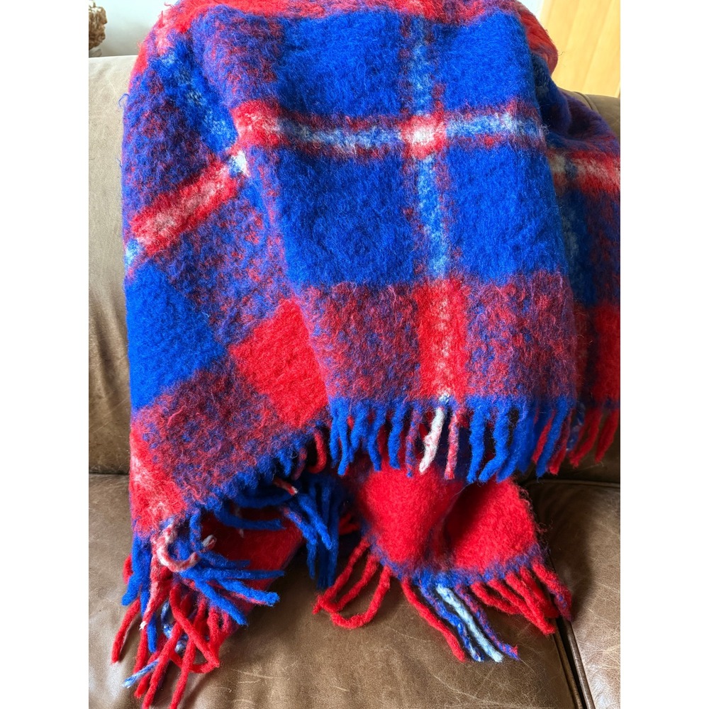 VTG Italian Mohair Wool Throw Blanket Red,White & Blue Fringed  Mid Century